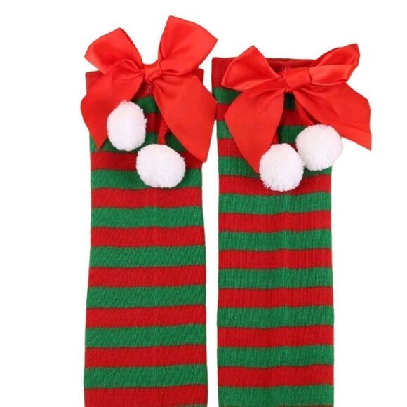 Red and Green Pom Pom Knee Socks - Picture 3 of 3
